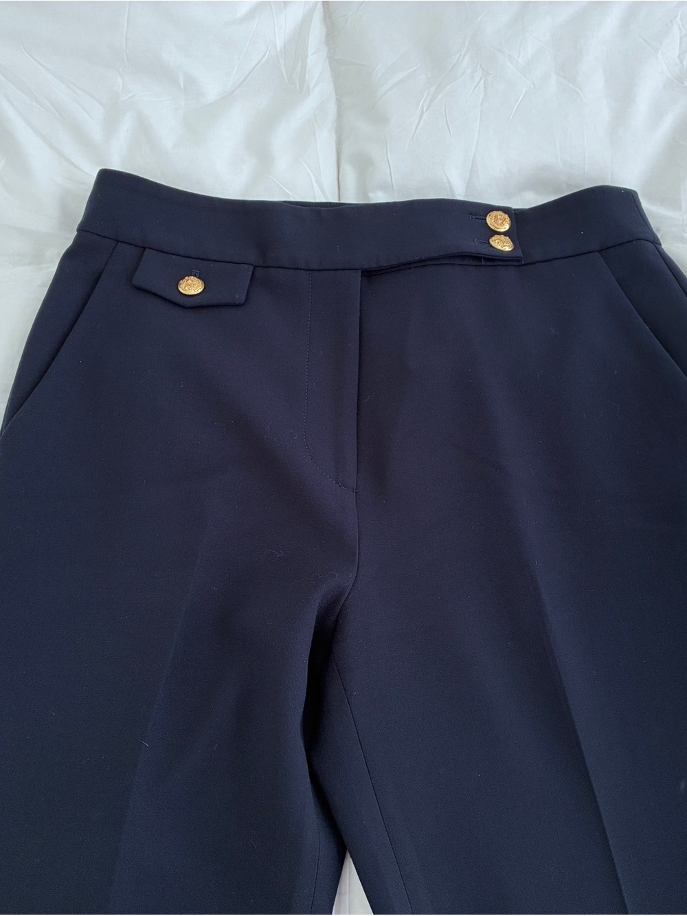 Veronica Beard Navy High Rise Gold Button Trousers Size 8 - Picture 3 of 8